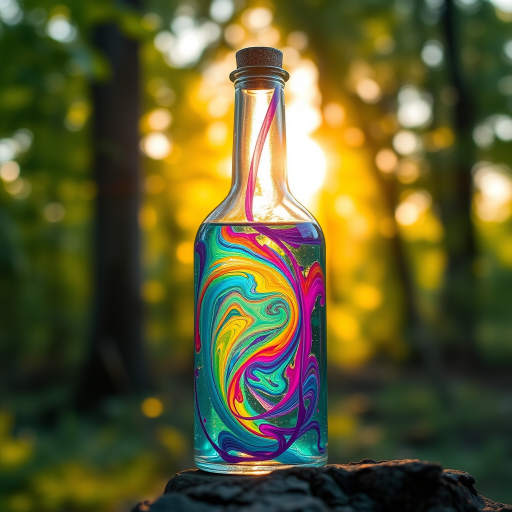 Create a vibrant glass potion bottle with swirling rainbow colors, magic energy inside, surrounded by a lush forest, soft warm lighting, f/2.8 aperture, 50mm lens, shot at golden hour with a shallow depth of field to enhance the details of the bottle and background bokeh.
