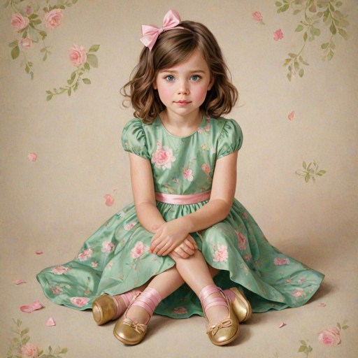 digital illustration of a kid girl with brown hair and blue eyes, sitting on the floor with her legs crossed and her hands resting on her knees. she is wearing a green floral dress with a pink bow on the front and a pair of green shoes with gold ribbon. She has a pink bows on her head. The background is a light beige color with a subtle texture. whimsical and dreamy.The color scheme is soft and muted pastel.
