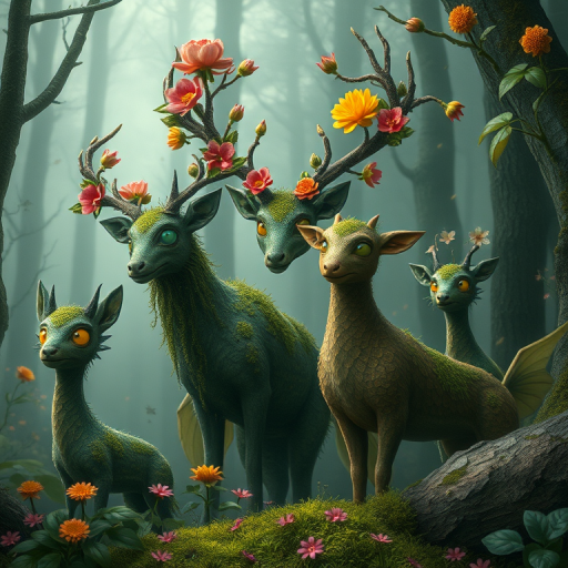 Surreal Forest Creatures
A misty, enchanted forest filled with mythical creatures that blend elements of flora and fauna—think glowing eyes, mossy fur, and antlers entwined with flowers. Each creature has patterns that reflect the forest’s seasons.