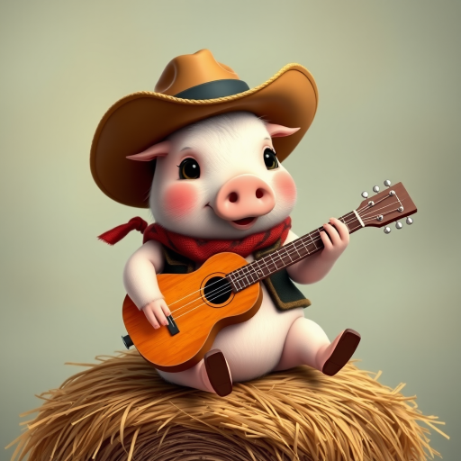 A chibi pig, dressed as a cowboy, playing guitar, sitting on a hay bale