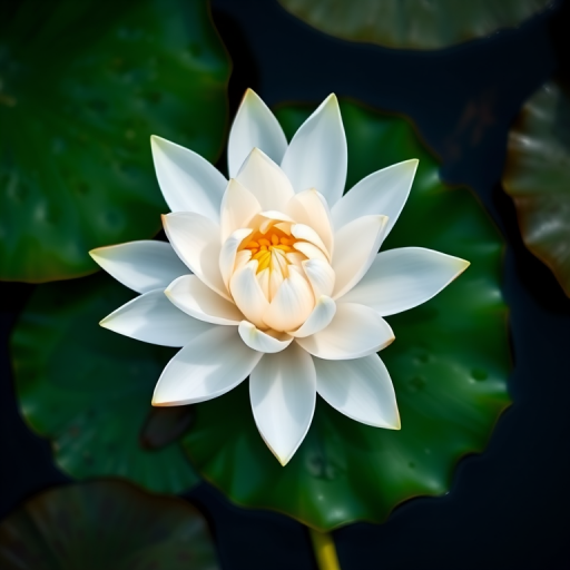Generate an image of a white water lily blooming on a vibrant green leaf, using a Canon EOS 5D Mark IV, 50mm f/1.8 lens, aperture f/2.8, shutter speed 1/125s, ISO 100, top-down perspective, soft natural lighting for a serene and detailed appearance.