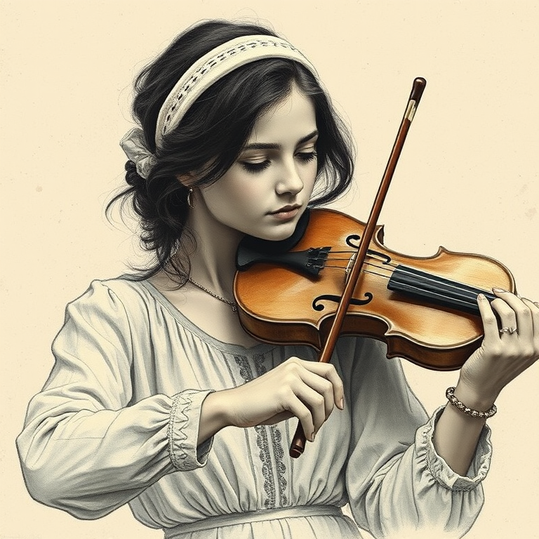 a young Turkish woman with a white headband playing a violin, in the style of a charcoal drawing, sepia grunge background