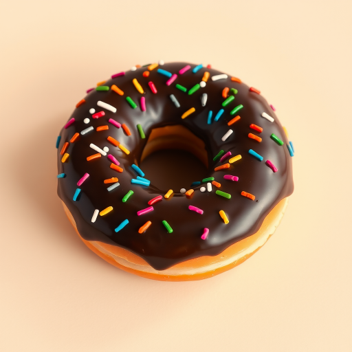 Create a high-resolution illustration of a chocolate-covered donut with colorful sprinkles on a light beige background, using a 50mm lens, f/2.8 aperture, natural lighting, shot in a studio environment with a digital camera.
