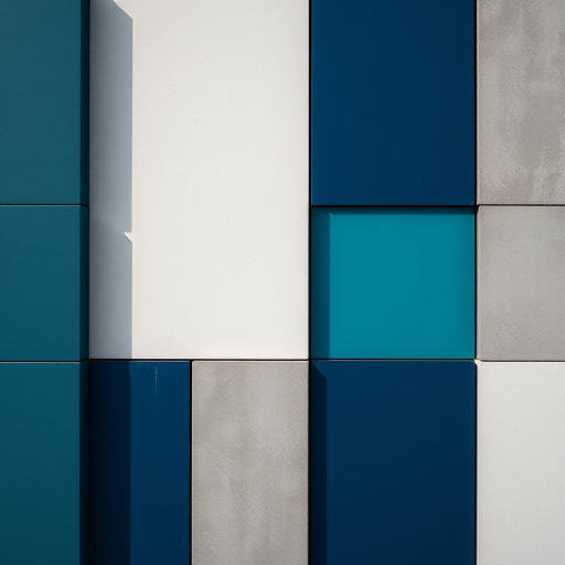 Create an abstract composition featuring a mix of deep blue, light gray, dark gray, and teal blocks arranged in a balanced layout, shot with a DSLR camera at f/8 aperture, ISO 100, 50mm lens, with a shallow depth of field and natural lighting to enhance color contrast.