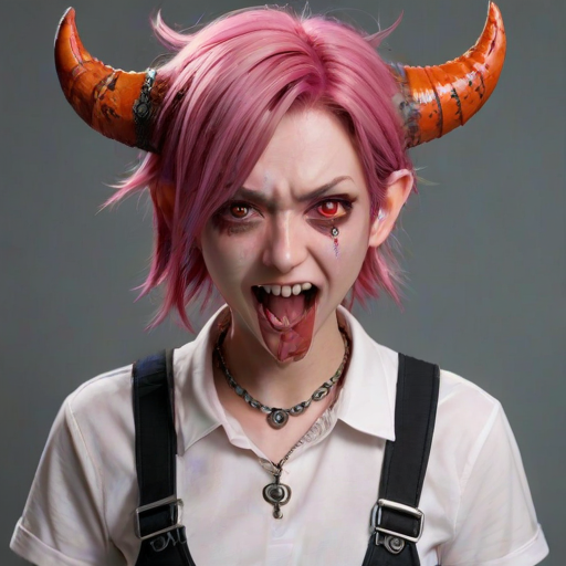 i want the whole image to be created in 3D anime style, 1girl, solo, long hair, looking at viewer, smile, open mouth, shirt, red eyes, hair between eyes, jewelry, pink hair, earrings, horns, teeth, tongue, collared shirt, tongue out, symbol-shaped pupils, eyelashes, fangs, piercing, sharp teeth, demon horns, ear piercing, portrait, red horns, cross-shaped pupils, tongue piercing, power (chainsaw man)