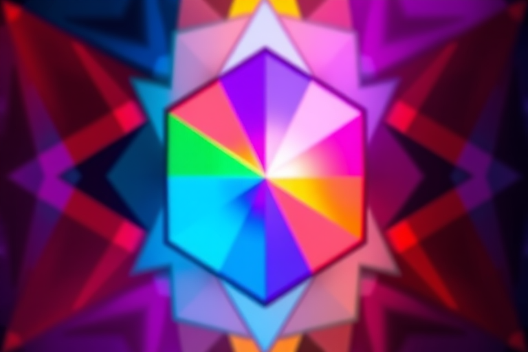 Create a high-resolution image of an abstract geometric design with vibrant colors, captured with a Canon EOS R5, 50mm lens, f/1.8 aperture, 1/200s shutter speed, ISO 100, in a soft focus style.