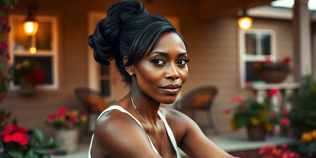 A photo of Angela Bassett with a background of a cozy porch. She has dark hair pulled back in an updo, with tendrils framing her face. She wears a white tank top and sits on the porch. The porch is part of a well-lit home with a warm, earthy tone and colorful flowers and foliage. The overall scene has a warm, welcoming, and comfortable ambiance.