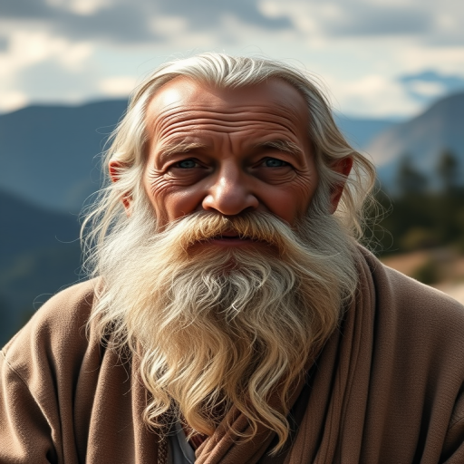 Create a high-resolution portrait of an elderly sage with a long beard, set against a serene landscape of mountains and trees, using a Canon EOS R5 camera with a 50mm lens, f/1.8 aperture, 1/200 second shutter speed, natural light, and a shallow depth of field for a soft background effect.