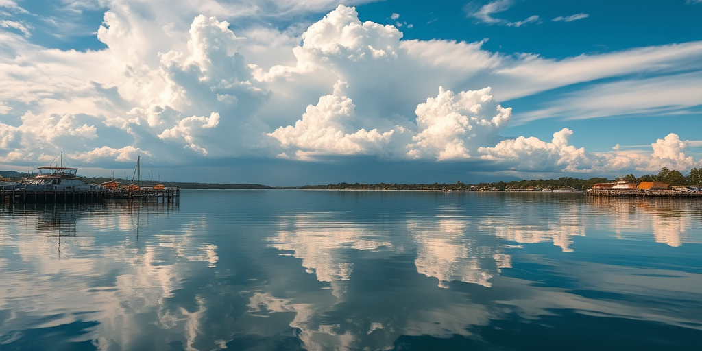 Capture a vibrant waterfront scene with dramatic clouds reflecting on calm water, using a DSLR camera with a 24mm lens, aperture f/8, ISO 100, shutter speed 1/250s, shot from a slightly elevated perspective to enhance depth, in bright daylight to bring out colors.