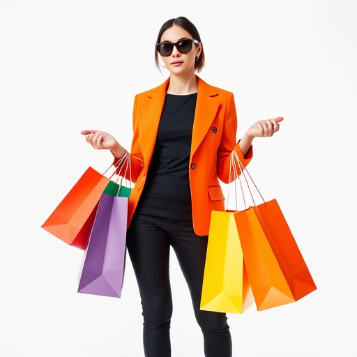 A fashionable woman in an orange blazer and black pants holding colorful shopping bags, clean background, taken with a DSLR camera at f/4 aperture, ISO 200, 50mm lens, in portrait mode, soft lighting for a vibrant effect.
