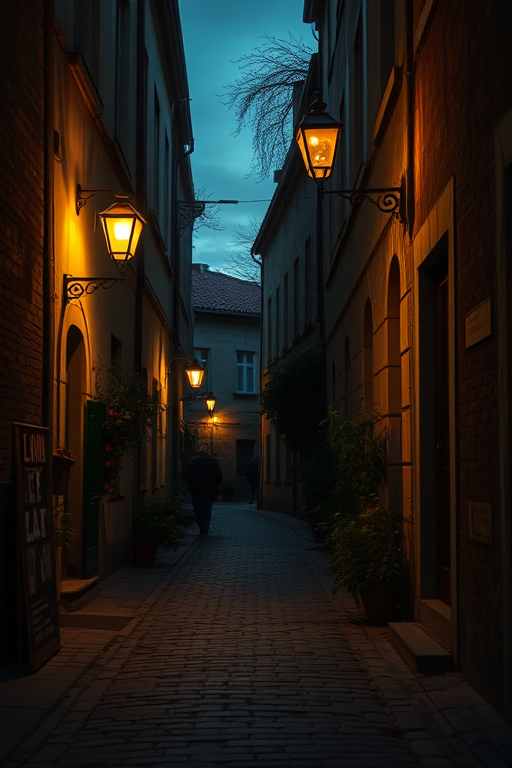 Create a dimly lit alleyway at dusk with cobblestone pavements, vintage street lamps illuminating the surroundings, overgrown vegetation along the edges, camera settings: f/1.8 aperture, ISO 200, shutter speed 1/60s, camera view: wide angle, camera style: moody cinematic, camera type: DSLR.