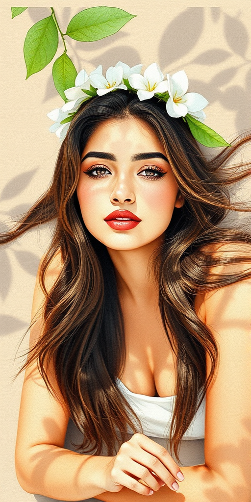 create a watercolor painting of an ethereal portrait of beautiful Pakistani woman with a simple white flower crown on her head. Her hair is long and she is lying on the ground. The sunlight on the trees casts shadows from the leaves on her face and body. The background is a neutral brown color that matches her skin tone. The image is minimalist and solid colors. This style is characterized by soft, delicate brushstrokes and a light, airy, contrasting color palette. High level of detail and play of light