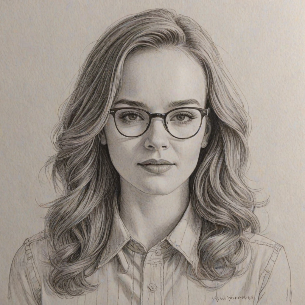 Radiant Kay Panabaker, pencil sketch, portrait of Magnificent woman 1974s in glasses, hair style beatnik, outline, clear lines, fine lines, 8k