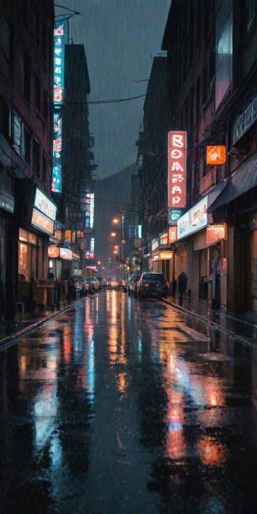 Sharp, high-resolution photo of a rain-soaked city street at night, soft reflections of neon signs glistening on the wet pavement, distant cars passing by, the sound of raindrops tapping against windows, a sense of quiet city life captured.