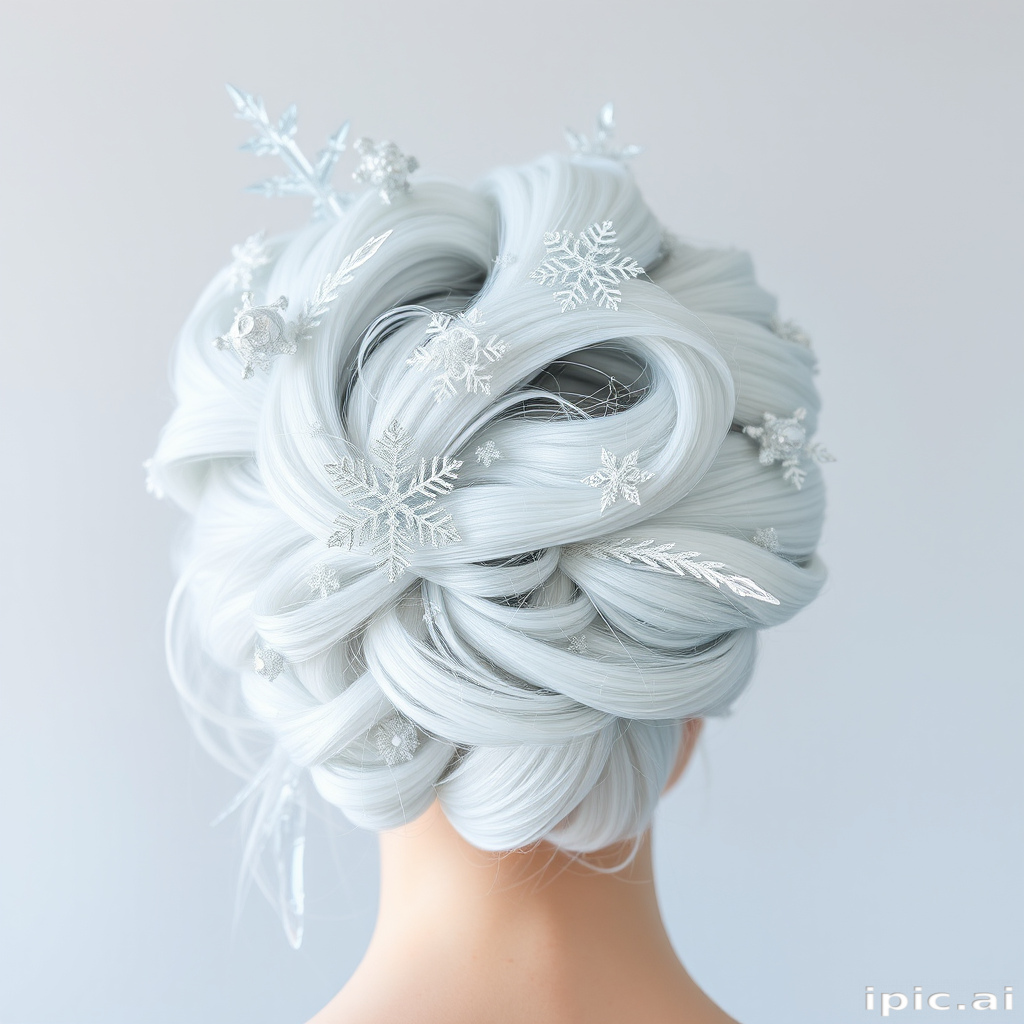 Icy white hair with subtle hints of pale blue, styled in a sculptural avant-garde updo resembling delicate snowflakes and icicles, creating a winter wonderland effect called Frost Monarch