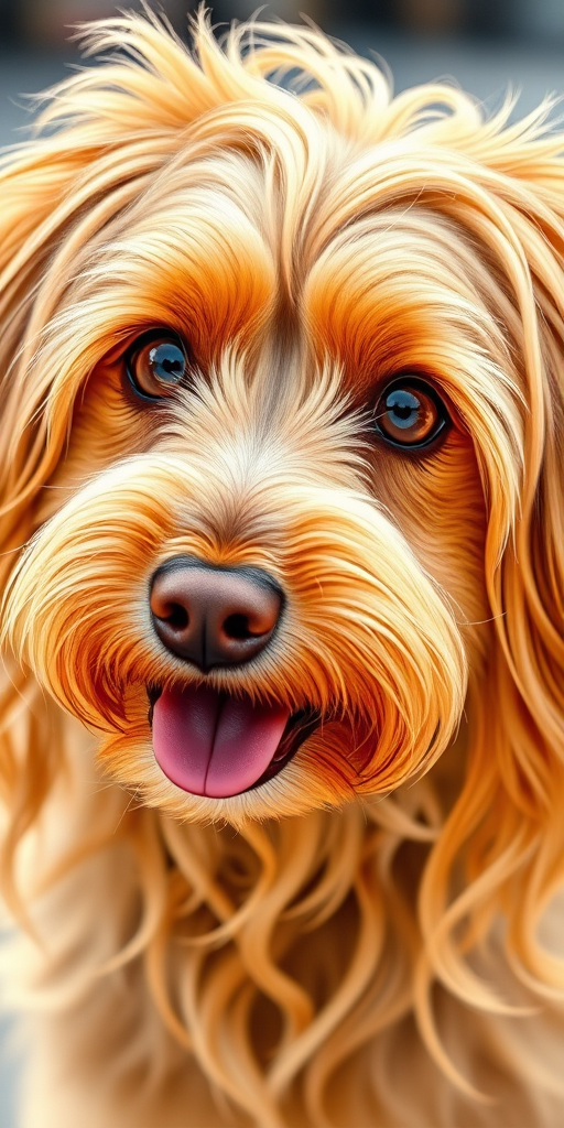 Create a vibrant and detailed illustration of a dog with long, wavy, golden fur and expressive brown eyes, emphasizing its playful personality, using a DSLR camera with a 50mm lens at f/2.8, in natural lighting, with a shallow depth of field to blur the background and enhance the subject's features.