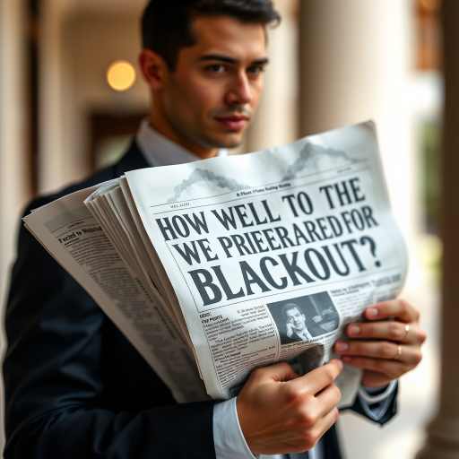 Create a high-resolution image of a person in formal attire holding a newspaper with the headline "HOW WELL ARE WE PREPARED FOR A BLACKOUT?" using a DSLR camera with a 50mm lens, aperture f/1.8, ISO 100, and a shallow depth of field to emphasize the newspaper while softly blurring the background with diffused natural lighting.