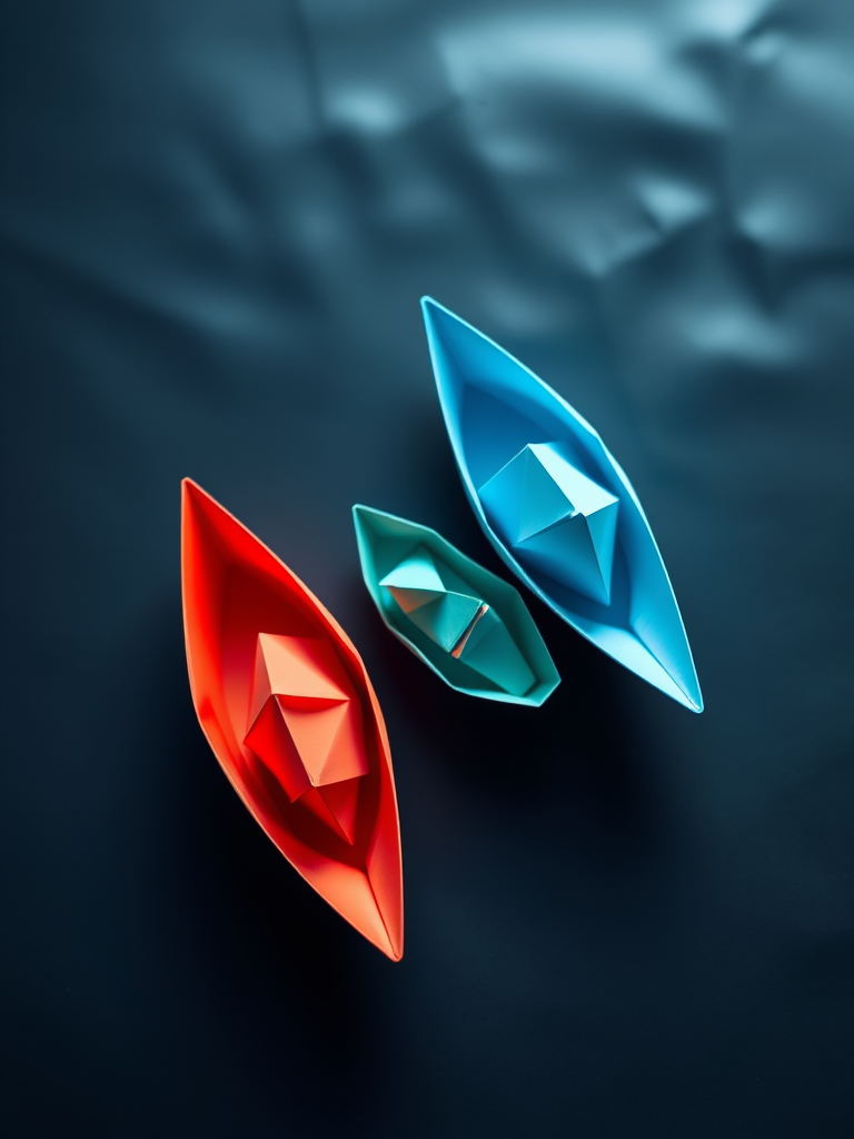 Create an image of three paper boats, viewed from a top-down perspective, using a DSLR camera with a 50mm lens, aperture set to f/2.8, ISO 100, and soft diffused lighting for enhanced clarity and detail.