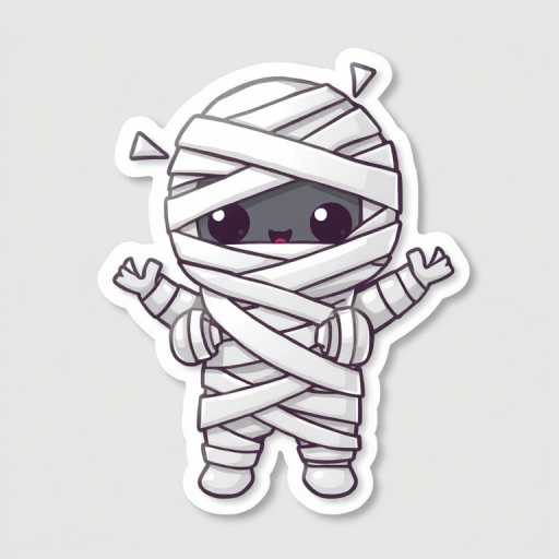 create a kawaii Mummy wrappings sticker, 3d digital art, grey background, sticker line weight