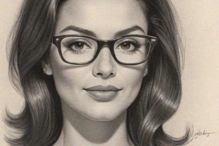 Splendid Marisol Nichols, pencil sketch, portrait of Ravishing woman 1953s in glasses, hair style beatnik, outline, clear lines, fine lines, 8k