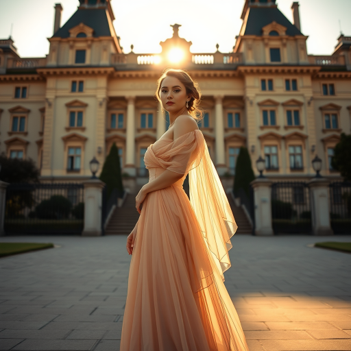 An elegant woman, dressed in a vintage gown, stands in front of a grand, historic building. The setting sun casts a warm, golden light on her
