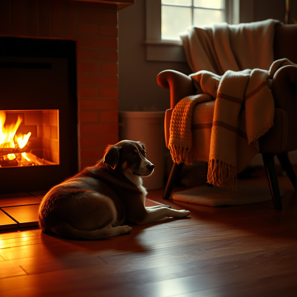 Warm, softly lit image of a dog resting by a fireplace, soft glow from the fire reflecting off the dog's fur, a cozy blanket draped over a nearby chair, soft shadows cast on the wooden floor, a peaceful, quiet atmosphere filling the room.