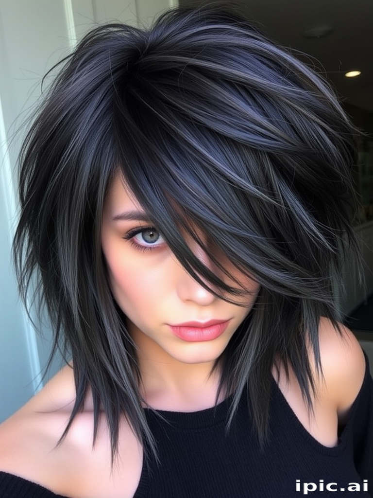 Smoky charcoal gray hair styled in edgy, textured layers with subtle purple lowlights, creating a mysterious and alluring "Twilight Haze" appearance