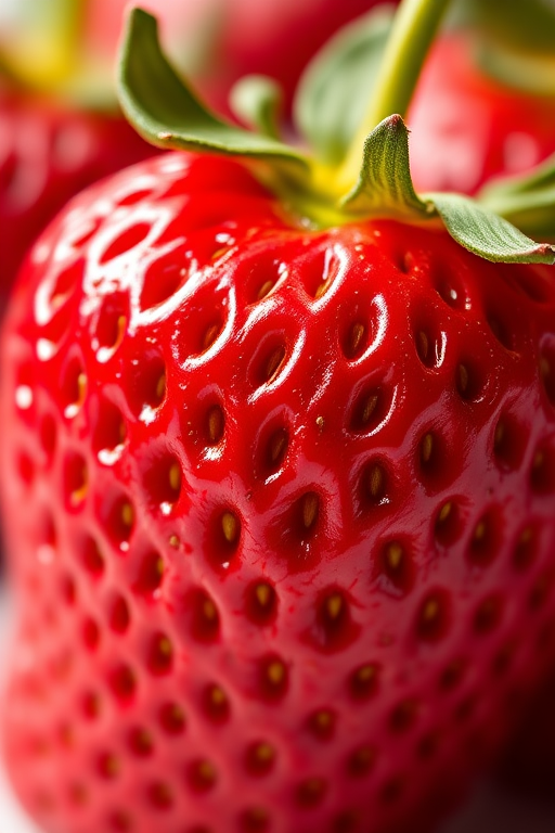 Create a hyper-realistic image of a fresh strawberry with detailed textures and vibrant colors, using a 50mm lens, f/2.8 aperture, 1/200s shutter speed, ISO 100, shot from a low angle with soft diffused lighting, on a DSLR camera.