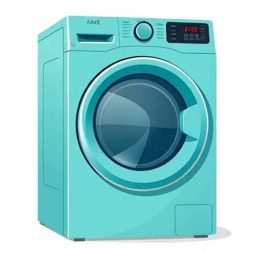 Create a vector illustration of a teal washing machine with a large circular door, using a flat design style, 50mm lens, f/8 aperture, 1/60 shutter speed, stable tripod for sharpness, high dynamic range for vibrant colors.