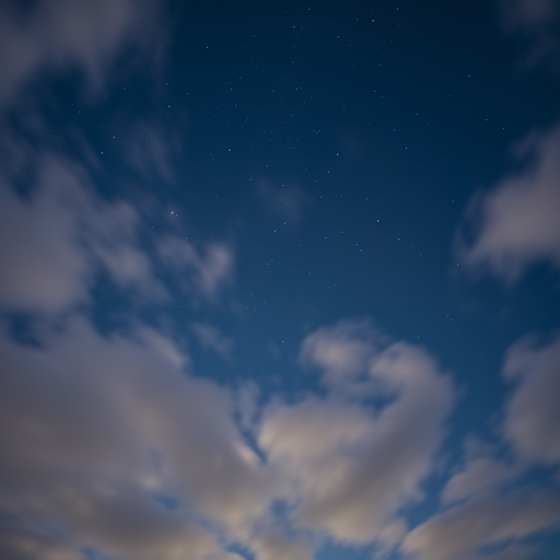 Create a serene night sky with abstract clouds in shades of blue and gray, featuring twinkling stars, captured with a 50mm lens, f/1.8 aperture, ISO 200, 1/60 second exposure, using a DSLR camera with a wide angle view for a dreamy atmosphere.