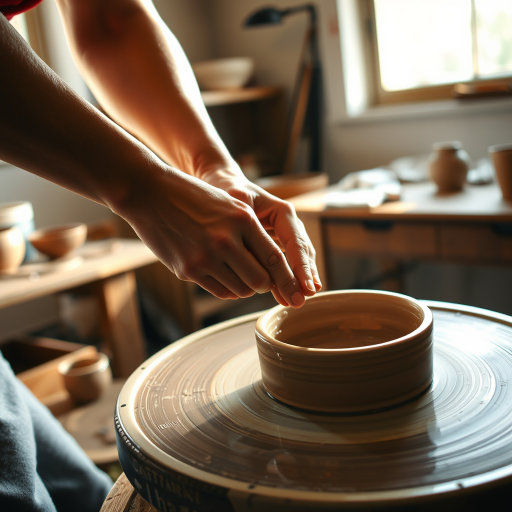 Warmly lit close-up of a potter's hands shaping clay on a spinning wheel, soft natural light streaming through a nearby window, with pottery tools scattered on a wooden table and a peaceful studio atmosphere.