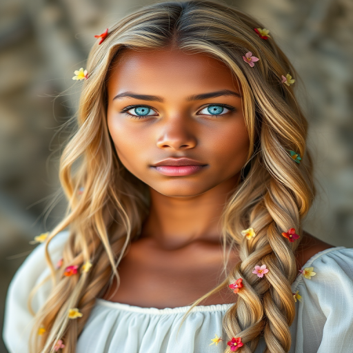 Create an image of a young Garifuna woman with long, wavy blonde hair, adorned with small, colorful flowers woven into her braids and loose strands. Her complexion is fair, with soft, glowing skin, and she has light blue eyes that gaze softly at the viewer. She wears a light, flowing dress with a gentle, ethereal quality, complementing her delicate and serene appearance. The background is slightly blurred, drawing focus to her tranquil expression and the intricate details of the flowers in her hair. The overall mood of the image is one of natural beauty and grace, evoking a sense of peacefulness and connection with nature.