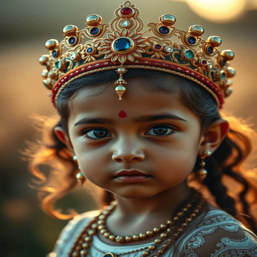 Create a highly detailed portrait of a divine child with enchanting features, wearing a traditional ornate crown adorned with jewels and peacock feathers, set against a serene natural backdrop with soft golden lighting, using a Canon EOS R5, 85mm f/1.2 lens, aperture set at f/1.8, ISO 100, shallow depth of field, capturing the textures and colors vividly.
