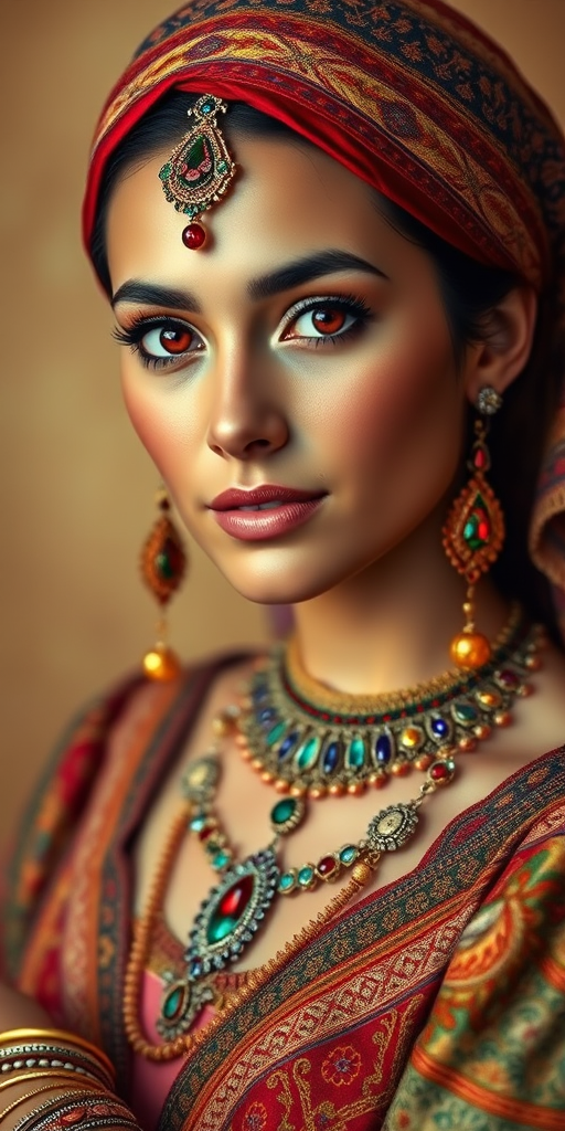 Create a portrait of a beautiful Latino woman with striking red eyes and a gentle expression. She is adorned in traditional attire with intricate patterns, including a richly embroidered headscarf and matching garments. Her jewelry includes a delicate headpiece, dangling earrings, and ornate bracelets, all featuring vibrant gemstones and detailed metalwork. The background is soft and warm, enhancing the rich colors of her outfit and jewelry.