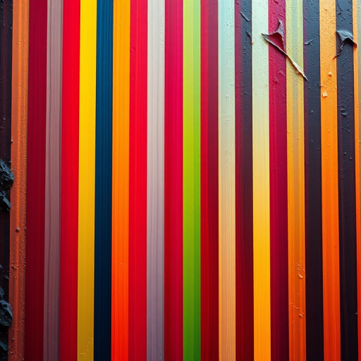 Create an abstract digital artwork featuring vibrant vertical stripes in various colors, with a textured background resembling molten lava, captured with a DSLR camera using a 50mm lens, f/1.8 aperture, ISO 100, and a low-angle view to enhance depth and detail.