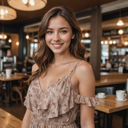 beautiful detailed photograph, brown hair cascading over her shoulders, wearing a dress, standing in cafe looking at the viewer, smiling
