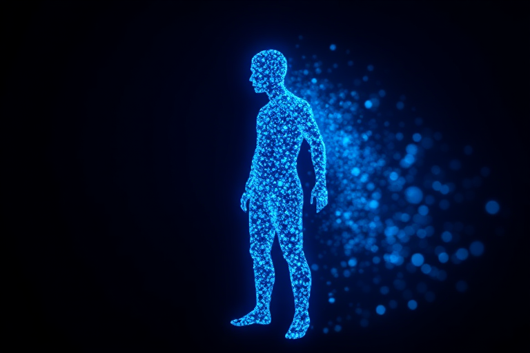 Create a digital illustration of a human silhouette made of glowing blue particles on a dark background, shot with a DSLR camera at f/1.8, ISO 100, 50mm lens, with a shallow depth of field and soft bokeh effect.