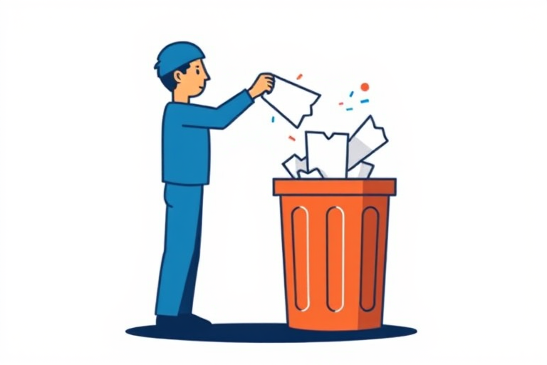 Create a clean icon depicting a person throwing paper into a trash can, use a vector style, ensure high contrast for visibility, set camera type to digital, camera settings at f/8 aperture, ISO 100, and a shallow depth of field for clarity.