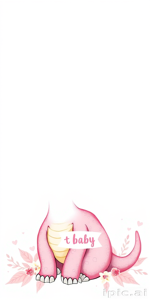 cartoon illustration, create a scrapbooking page, multicolor strips, whimsical, soft colors of pink, and white, featuring an adorable, funny, smiling, Pink baby dinosaur with a long neck, hyper realistic, sitting in the bottom right corner, pen sketch colors, white background with gradient mini white hearts , stylized flowers and foliage, label with the word "baby", dazzling, sparkling and soft background