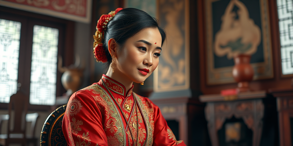 A beautiful Lao woman in traditional East Asian attire, intricately detailed with embroidered patterns, sitting gracefully in a richly decorated room, soft ambient lighting, serene and elegant, ultra-realistic, 8K resolution