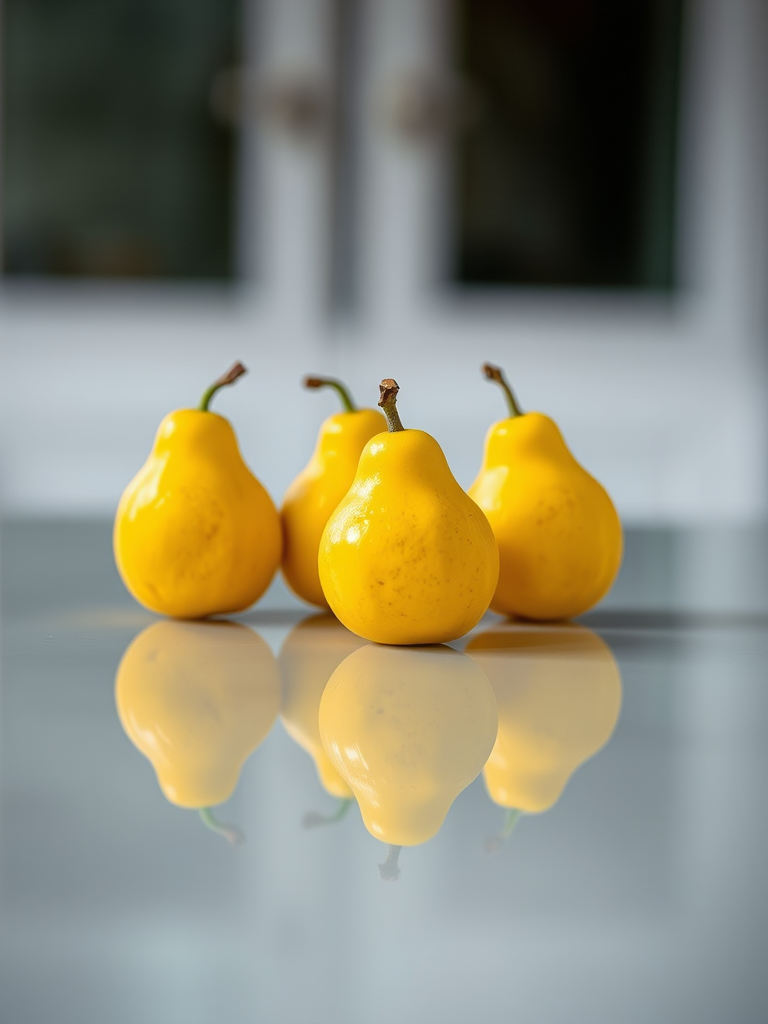 photograph of four yellow fruits arranged artistically on a reflective surface, soft focus background, shots taken with a DSLR camera, aperture f/2.8, shutter speed 1/60s, ISO 100, natural lighting, low angle view for depth, vibrant color enhancement
