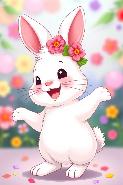 Create a high-resolution illustration of a cute white bunny with a flower crown, smiling and dancing, in a bright and colorful style, using a digital art medium, with a 50mm lens perspective, f/2.8 aperture for soft background blur, and vibrant color grading for enhanced visual appeal.