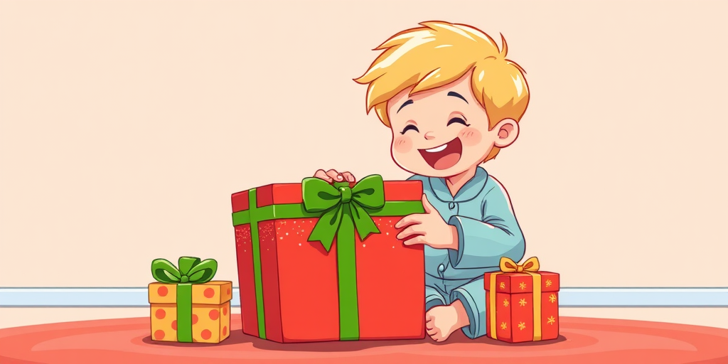 Create an illustration of a young boy with blonde hair sitting cross-legged on the floor, eagerly opening a large red gift box wrapped with a green ribbon, wearing light blue pajamas, with a joyful expression on his face and a smaller gift box next to him, in a bright and colorful cartoon style; use a Canon EOS R5 camera, 50mm lens, f/1.8 aperture, ISO 100, 1/160 sec shutter speed for enhanced clarity and detail.
