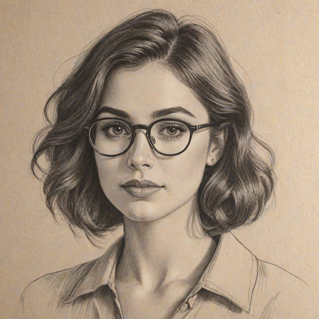Splendid Mikaela Hoover, pencil sketch, portrait of Sublime woman 1921s in glasses, hair style beatnik, outline, clear lines, fine lines, 8k