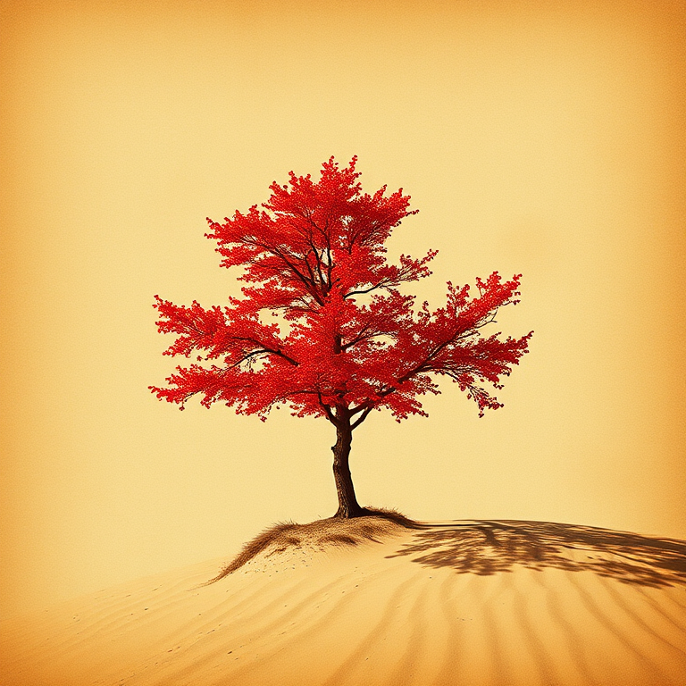 Create an image of a solitary red tree on a sandy hill with a vintage textured background, using a DSLR camera with a 50mm lens, aperture f/1.8, ISO 200, and natural lighting, shot from a low angle perspective to emphasize the height of the tree.