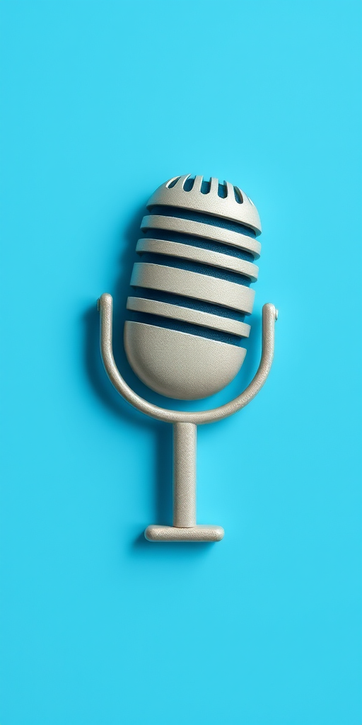 Create a detailed graphic of a microphone icon on a solid blue background, using a high-resolution camera at f/4 aperture, 50mm lens, with soft natural lighting and a slight drop shadow effect for depth.
