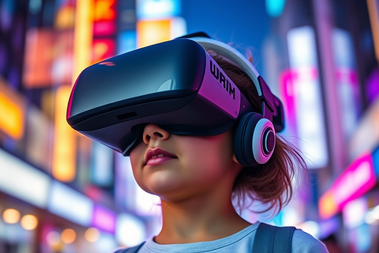 Generate an image of a young girl wearing a VR headset in a vibrant cityscape background with neon lights, depth of field effect, shot at f/2.8, ISO 100, 35mm lens, 1/60s exposure, using a mirrorless camera for high dynamic range and clarity.