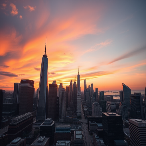 Generate a high-resolution image of a sleek, modern city skyline at sunset, captured with a 50mm lens, aperture f/2.8, ISO 200, HDR photography style, using a full-frame DSLR camera.