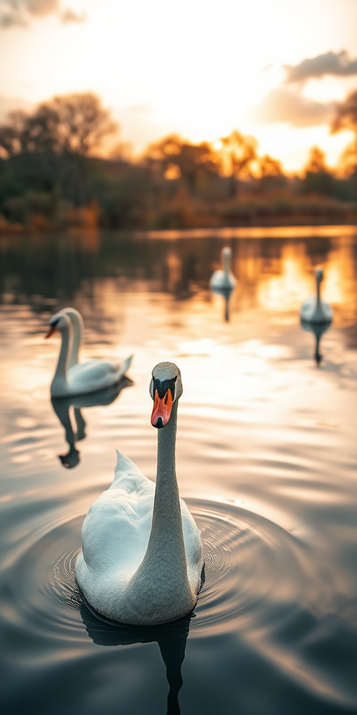 A serene scene of swans gliding on a calm pond at golden hour, capturing the reflections in the water, with a Canon EOS R5, 50mm f/1.2 lens, aperture f/2.8, shutter speed 1/200s, ISO 100, focus on the swan in the foreground while softly blurring the background for depth.