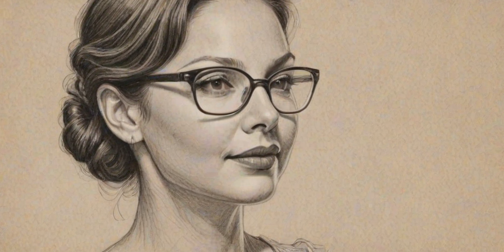 Resplendent Ashley Judd, pencil sketch, portrait of Fascinating woman 1932s in glasses, hair style beatnik, outline, clear lines, fine lines, 8k